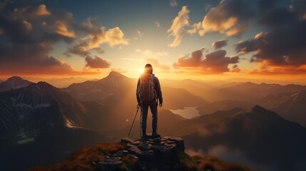 Hiker at the summit of a mountain overlooking a stunning view. Apex silhouette cliffs and valley...