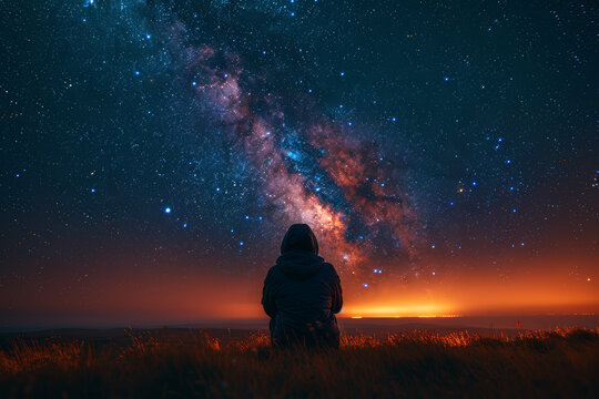 A person camping under a starry sky, awestruck by the vastness and beauty of the natural world. Concept of wilderness exploration and adventure. Generative Ai.