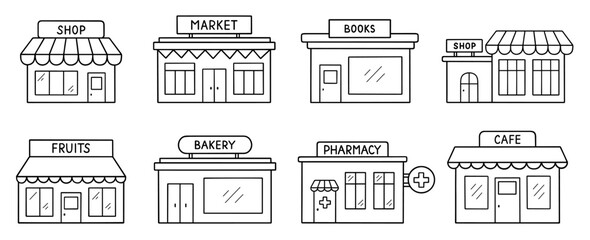Shops and stores doodle icon set. Ecommerce market, retail shop, bakery, sweets, pharmacy in sketch style. Hand drawn vector illustration isolated on white background - obrazy, fototapety, plakaty