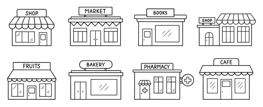 Shops and stores doodle icon set. Ecommerce market, retail shop, bakery, sweets, pharmacy in sketch style. Hand drawn vector illustration isolated on white background