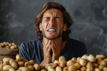 A man clutching his throat in distress after accidentally consuming peanuts, emphasizing the severity of food allergies. Concept of peanut allergy danger. Generative Ai.