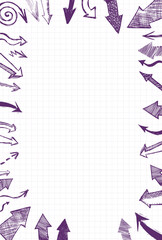 a sheet of paper with purple arrows on it . An artistic design featuring a pattern of purple arrows on a rectangular sheet of paper. Handmade, not AI Vector illustration