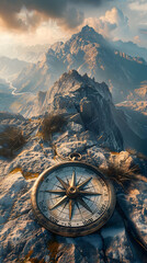 Design a visually captivating image of a compass rose superimposed on a rugged mountain landscape at a dramatic tilted angle - obrazy, fototapety, plakaty