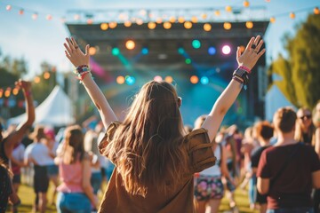 girl with long hair raising her hands at a concert