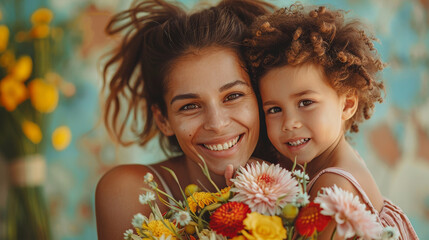 Radiant smiles light up the faces of a mother and her child, holding a colorful bouquet in a vibrant celebration of Mother's Day.
 - obrazy, fototapety, plakaty