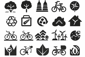 Ecology icon set. Environment, sustainability, nature, recycle, renewable energy; electric bike, eco-friendly, forest, wind power, green symbol. Solid icons vector collection. vector icon, white backg