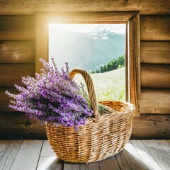 Lavender in a basket while sun rays are coming through the window