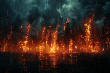 The clash between raging wildfire and torrential rain, symbolizing the collision of fire and water...