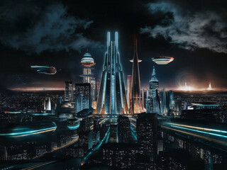 Vista de ciudad futurista, render 3d