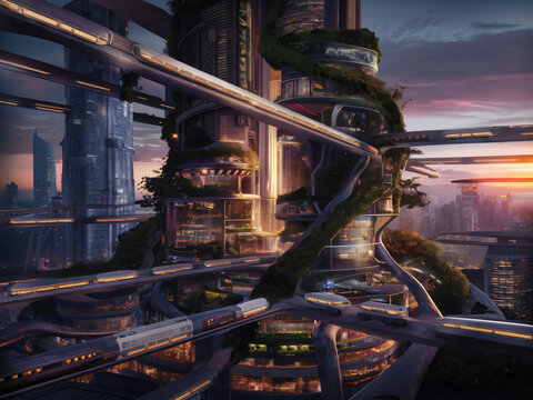 Ciudad futurista muestra grandes edificios y modernos medios de transporte