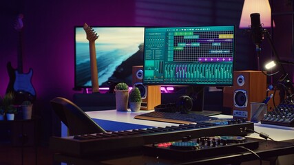 Empty studio at home equipped with mixing soundboard panel and other musical instruments, music...