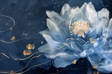 one big flower for whole artwork flowing alcohol ink, navy blue background, white, gold colors.