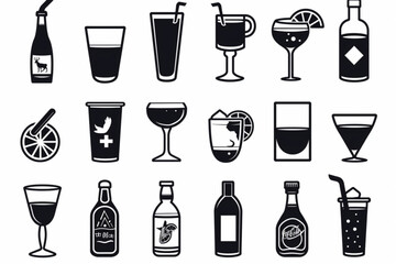 Drinks icon set. Containing water, coffee, tea, drinking, glass, soda, cocktail, bottle, wine, beverage and more. Solid vector icons collection. vector icon, white background, black colour icon