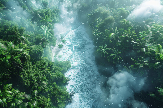 The intersection of a blizzard and a tropical rainforest, depicting the collision of freezing snow and lush vegetation. Concept of contrasting climate zones. Generative Ai.