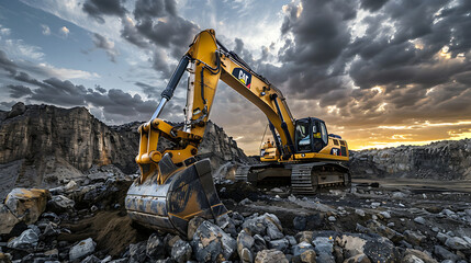 
a large, yellow excavator situated on a rugged terrain. The excavator appears well-used, with visible wear and dirt. Its extended arm reaches toward the ground