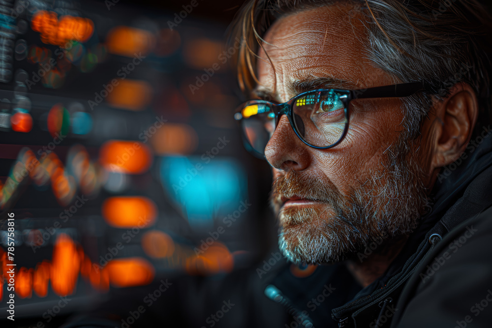 Poster a stock trader analyzing market trends on a computer screen, seeking profitable investment opportuni