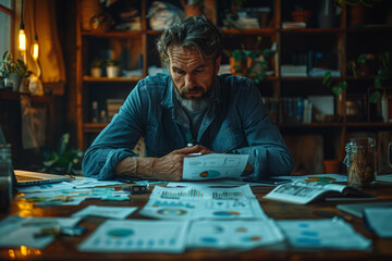 Fototapeta premium A businessman studying financial charts and graphs in a boardroom, strategizing for future investments. Concept of corporate finance planning. Generative Ai.