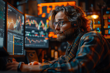 Fototapeta na wymiar A financial analyst reviewing company earnings reports and economic indicators, forecasting market movements. Concept of market analysis and prediction. Generative Ai.