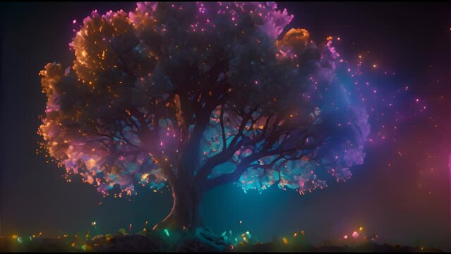 Tree of fertility colourful and neon lights illuminated. Stylish tree with neon lights around. 