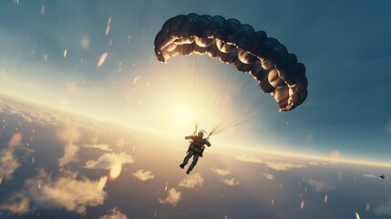 Parachuting. Paratroopers or parachutist free-falling and descending with parachutes. Action sport.