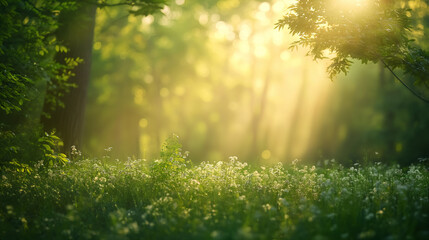 A serene dawn breaks as warm sunlight filters through the vibrant green leaves of a lush garden,...
