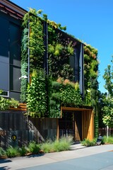 Sustainable building exterior made of recycled materials, featuring living green walls and water conservation systems. Sustainable green building. Eco-friendly building. Green architecture.