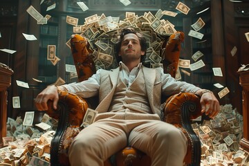 The scene portrays a well-dressed man in vintage attire sitting in an ornate chair with money flying around him - obrazy, fototapety, plakaty