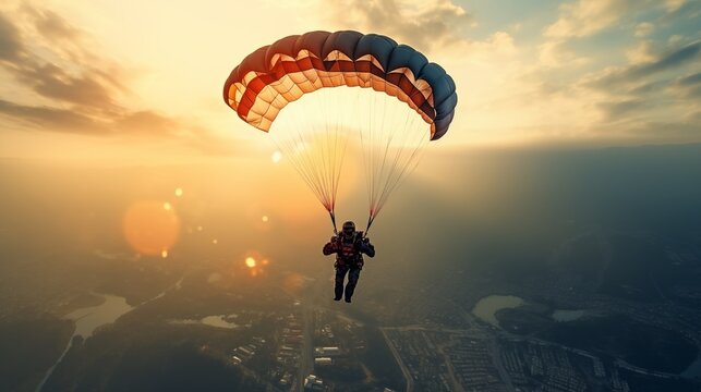 Parachuting. Paratroopers or parachutist free-falling and descending with parachutes. Action sport.