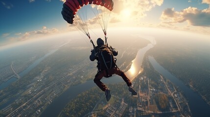 Parachuting. Paratroopers or parachutist free-falling and descending with parachutes. Action sport.