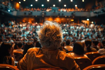 Obraz premium A vivid, high-contrast image of a single audience member seen from the back, watching an event in a packed auditorium