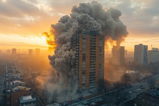 The sun sets in a stunning orange hue behind the silhouette of a high-rise building mid-explosion, highlighting the end of an era in urban transformation