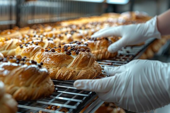 A close-up shot of delectable pastries being carefully prepared by a baker's gloved hands, the image exudes culinary art and attention to detail
