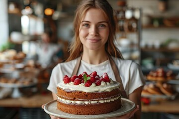 A radiant woman holds a homemade sponge cake topped with fresh berries, ready for serving
