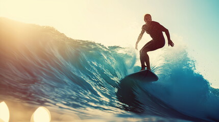 A surfer rides a cresting wave under the warm glow of a setting sun, skillfully maneuvering the board on the oceans surface - Generative AI - obrazy, fototapety, plakaty