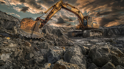 a large, yellow excavator situated on a rugged terrain. The excavator appears well-used, with visible wear and dirt. Its extended arm reaches toward the ground - obrazy, fototapety, plakaty