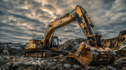 a large, yellow excavator situated on a rugged terrain. The excavator appears well-used, with visible wear and dirt. Its extended arm reaches toward the ground