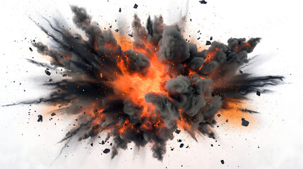 a large, fiery explosion with black smoke and orange flames against a white background. - obrazy, fototapety, plakaty