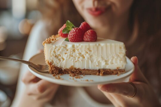 Macro shot of a woman savoring a piece of decadent cheesecake