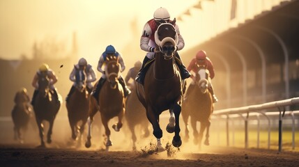 Race horses and jockeys competing on the track, Head on view of galloping race horses and jockeys racing.