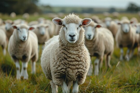 The focused portrait of a leader sheep with a crown of wool, while the rest of the flock fades in the background, showcasing leadership