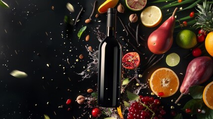 Floating Wine Bottle with Tropical Fruits Flare, Matte Black, AI Created