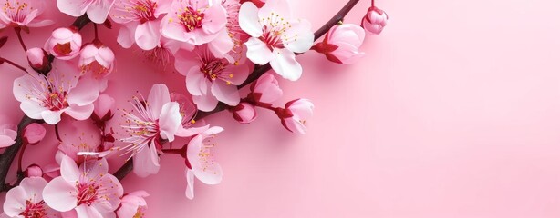 Sacura cherry flowers over pink background with copy space