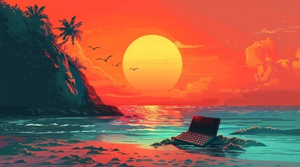 The black keyboard is stuck vertically in the sand there is no computer against the background of the mountain and the sun black gulls are flying in the sky erd sun vector vibe style