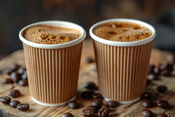 Two takeaway paper cups of rich, frothy espresso on rustic wooden table scattered with fresh coffee beans - Powered by Adobe