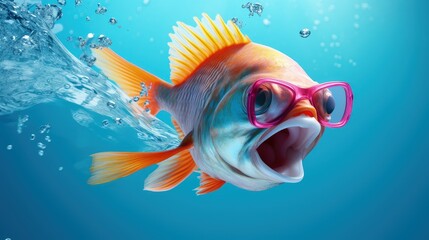 yellow fish in sunglasses on blue background