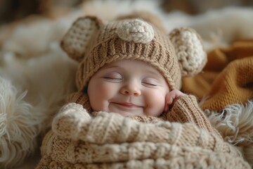 Fototapeta na wymiar Warm dressed teddy bear in soft knitted attire snuggling within cozy woolen fabric layers