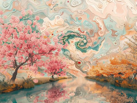 Beautiful landscape with cherry blossoms near the river, colorful swirls with flowers around, surreal style