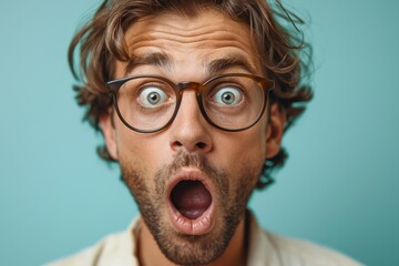 Close-up of a man with glasses expressing surprise and curiosity against a blue background - obrazy, fototapety, plakaty