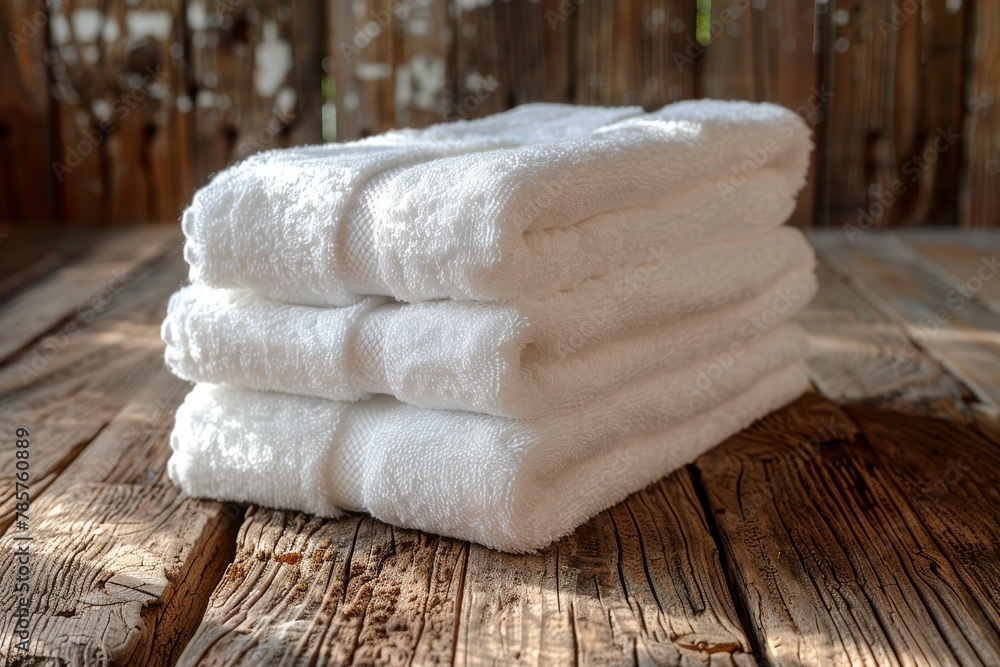 Poster a close-up of neatly stacked white towels emphasized by the natural textures of a rustic wooden tabl