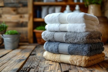 Fluffy towels in white, grey, and beige tones stacked on a wooden surface with natural decor items in the background